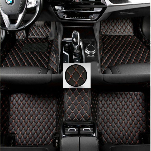 Buy Black and Orange Stitching Luxury Leather Diamond Car Floor Mats Buy Black and Orange Stitching Luxury Leather Diamond Car Floor Mats